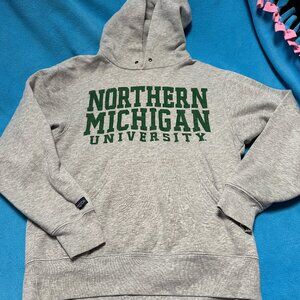 Gray Northern Michigan Hoodie Sweatshirt Green Lettering Size Small Excellent